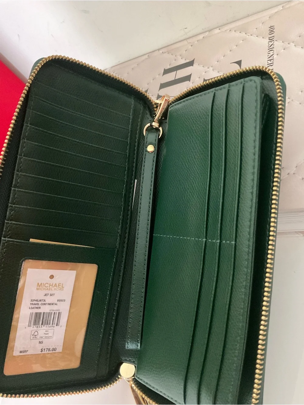 MICHAEL Michael Kors Dark Green Zip-Around Leather Wallet with Gold Hardware NWT